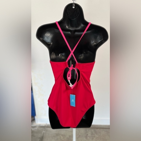 New One Piece High Neck Tummy Control Red & Pink Bathing Suit - Picture 3 of 8